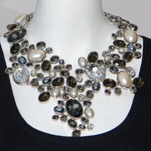 Vintage Kenneth Jay Lane KJL Smokey & Clear Faceted Stones, & Pearl Bib Necklace